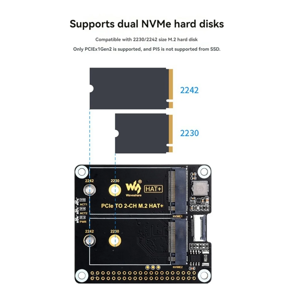 Waveshare eficiente para Raspberry Pi 5 PCIe de doble canal a placa de expansión M.2