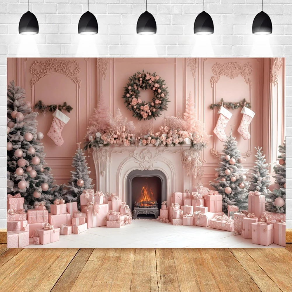 Pink Christmas Backdrop for Photography Fireplace Xmas Tree Wreath Gifts Vintage Wall Kids Portrait Photocall Background Decor