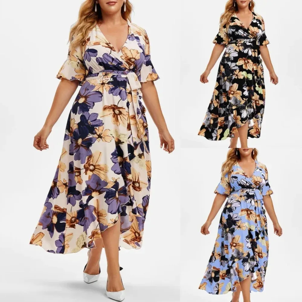 Flower Printed Femme Robe Boho Large Size Women Summer Dress Casual Women Clothing 2023 Sexy Short Sleeve Maxi Dress Платье