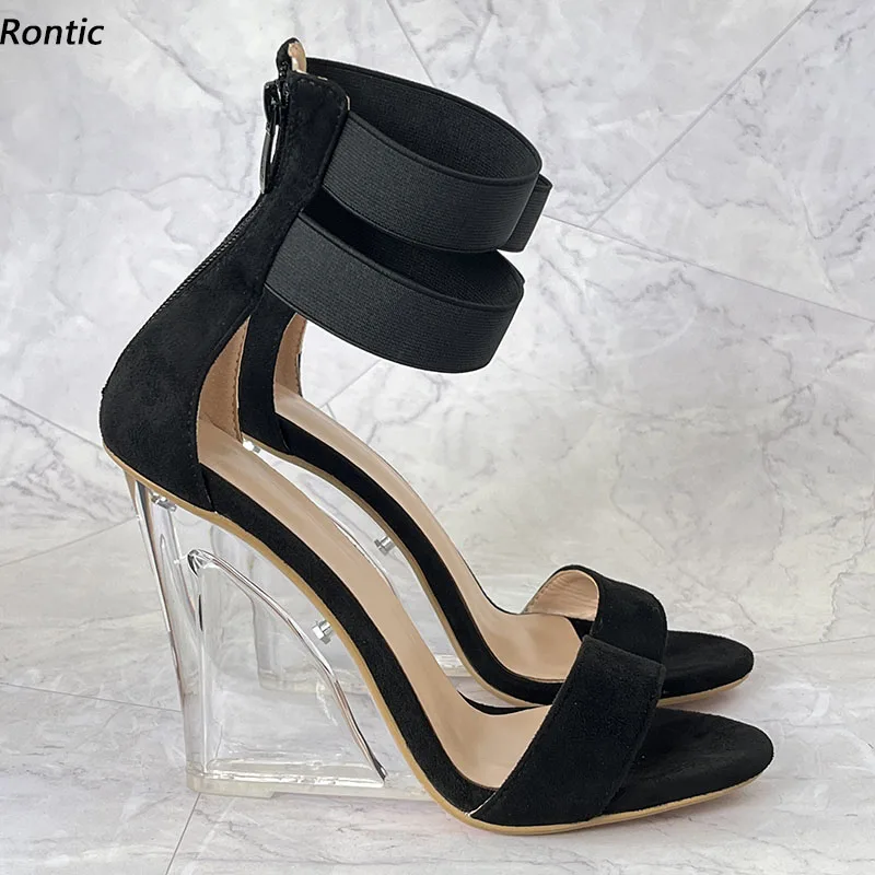

Rontic/женские летние сандалии ручной работы на танкетке, на высоком каблуке с круглым носком, классические черные туфли для вечеринок, большие размеры США 4-15