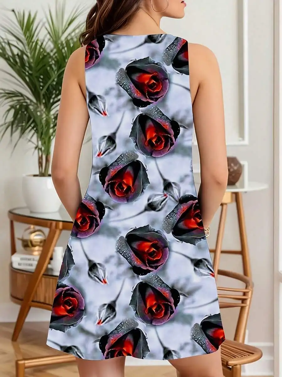 

Women Sleeveless Dress Rose Print Floral Pattern Summer Casual Mini Dress