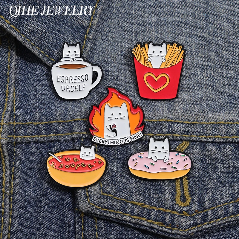 EVERYTHING IS FINE Enamel Pins Cartoon Cute Donut Coffee Cat Brooches Decor Jacket Lapel Badges Jewelry Gift for Kids Friends