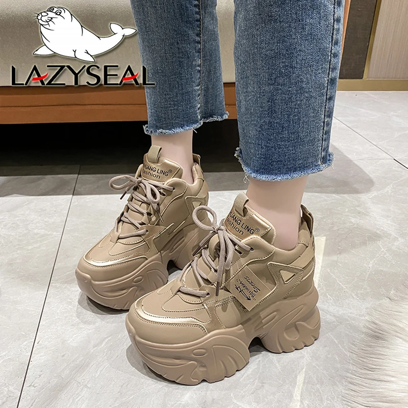 

LazySeal 8cm Heels Women Sneakers Plush Lining Winter Leather Sneaker Female Platform Shoes Height Increasing Casual Sports Shoe