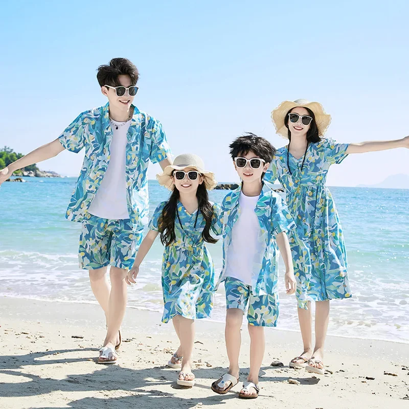 Parent-child Matching Beach Couple Clothes Summer Vacation Look Family Clothing Mother Daughter Same Dress Father Son Shirts Set
