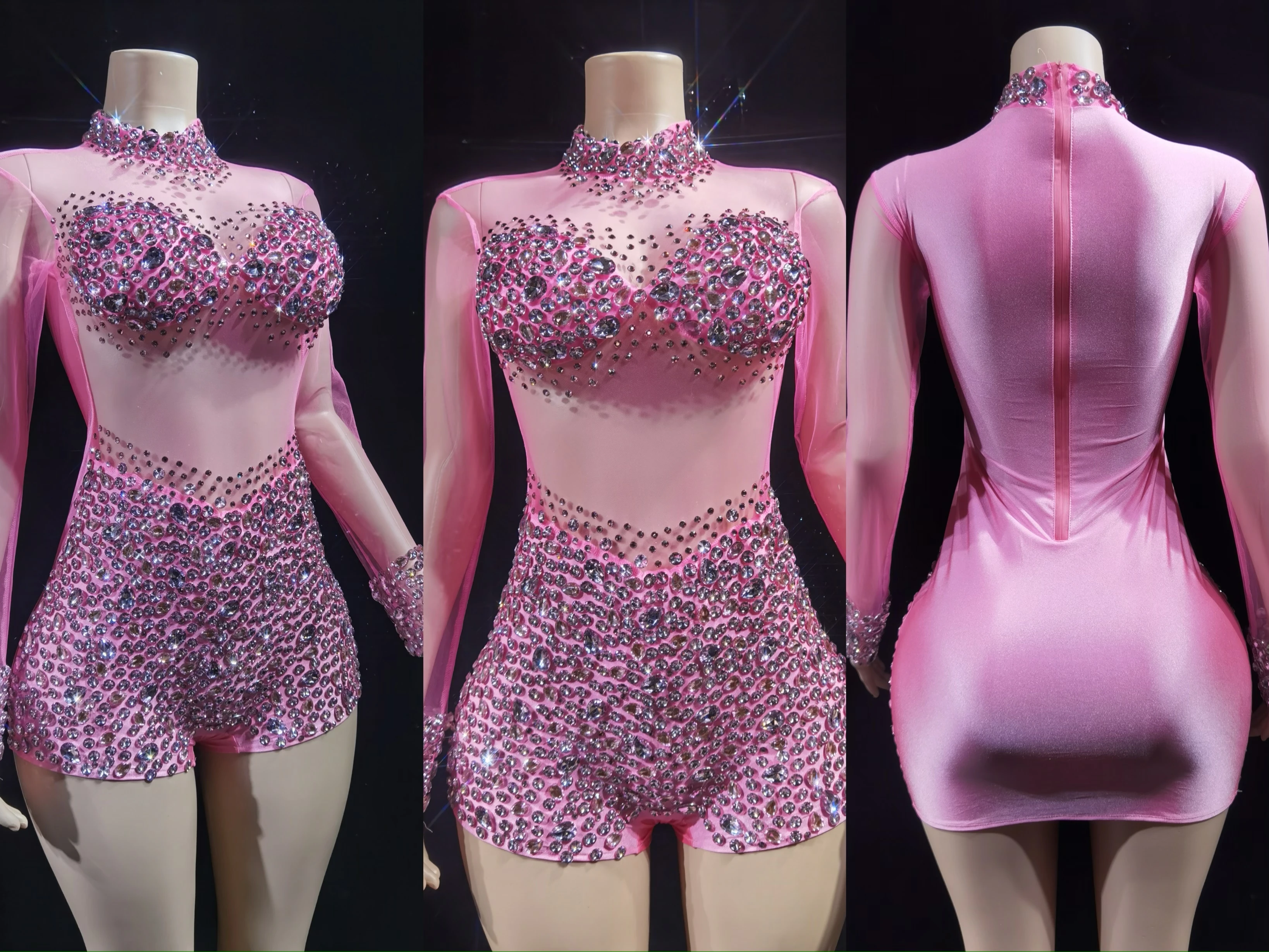 

Sparkly Crystals Leotard Sexy See ThroughCrystal Bodvsuit Dance Costume WomenNightclub Party Birthday Outfit Show StageWear