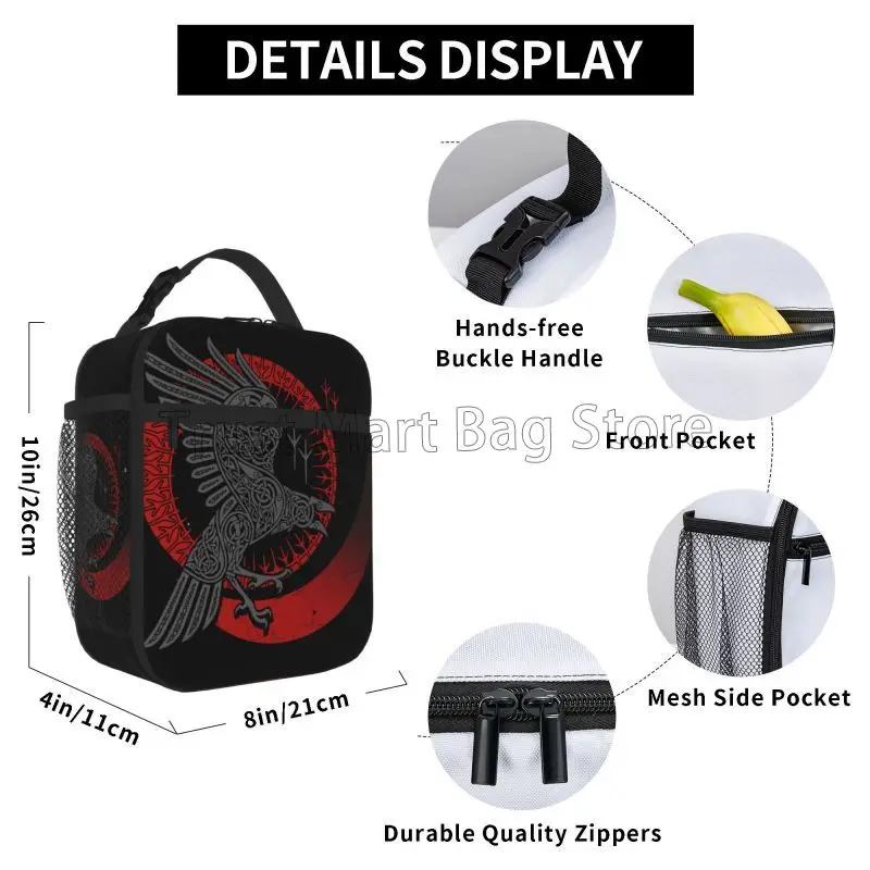 Odin Viking Norse mitologia Black Raven Crow borsa da pranzo isolata riutilizzabile portatile impermeabile Oxford Bento Tote per lavoro di viaggio