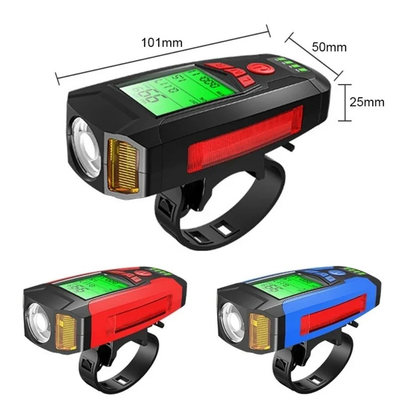 3-in-1 USB oplaadbare fietszaklamp met computersnelheidsmeter 5 verlichtingsmodi Fietskoplamp Piepfietszaklamp