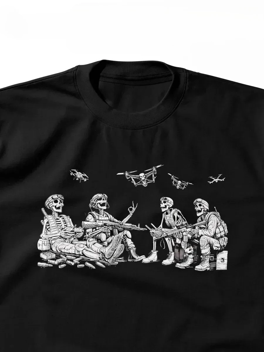 Men Four Skeleton Tactical Soldiers Drone Group Graphic TShirt Gun Ammo Print Short Sleeve Cotton Military Streetwear Casual Tee