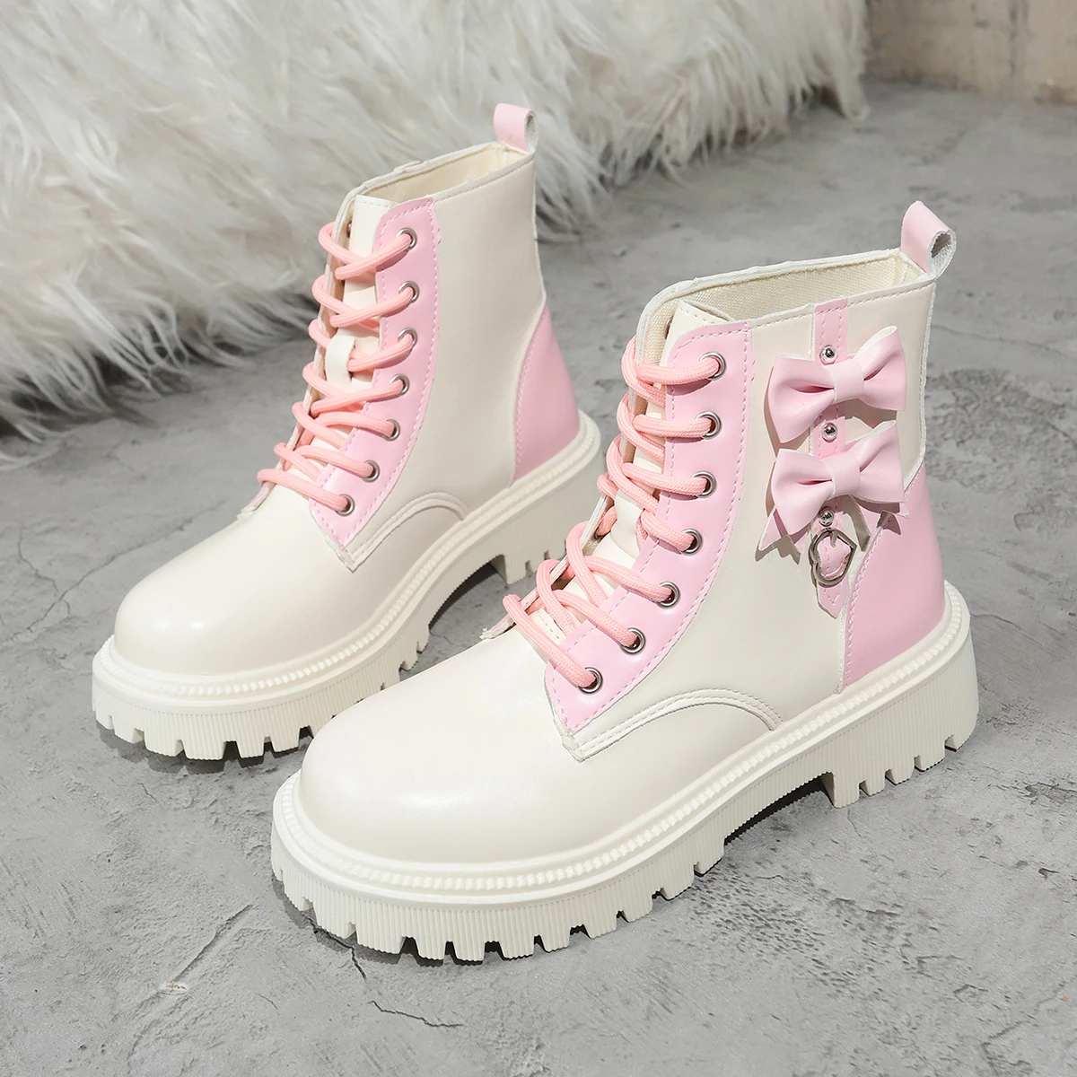 Süße Rosa Schleifenknoten-Stiefeletten in Mischfarben für Damen, Herbst 2026, mit Dicker Sohle, Schnürung, Candy-Punk-Stil und Metalldekoration, Größe 42 – Detail 12