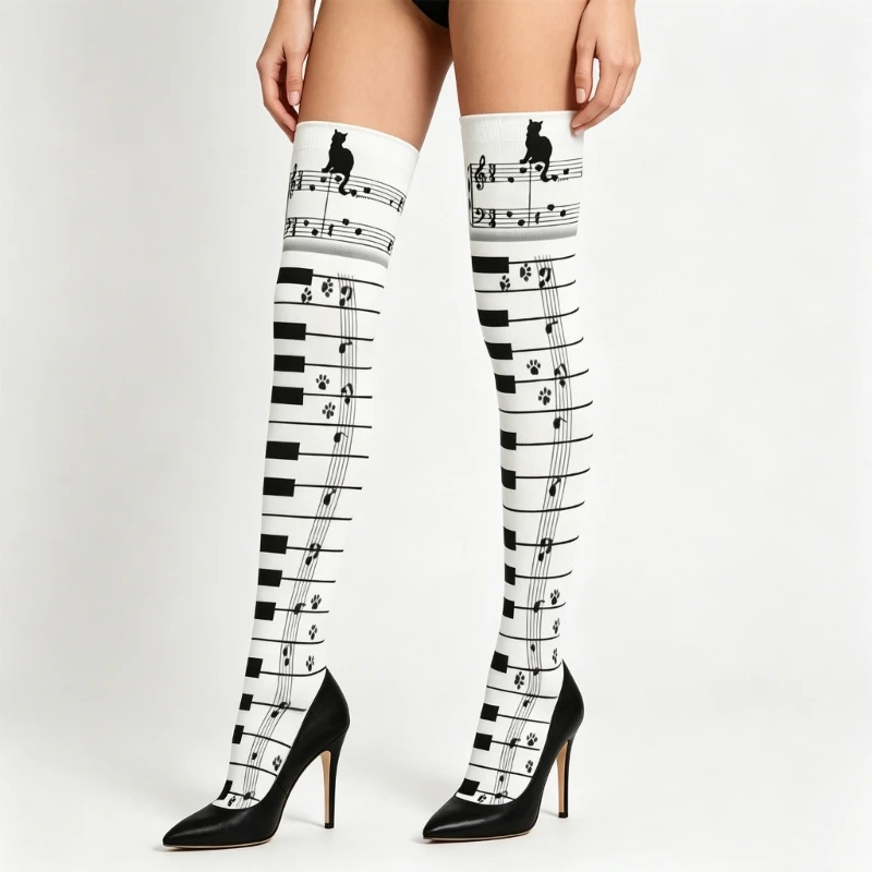 Fashion Knees High Socks Showcasing Music Theme Perfect For Women Girls