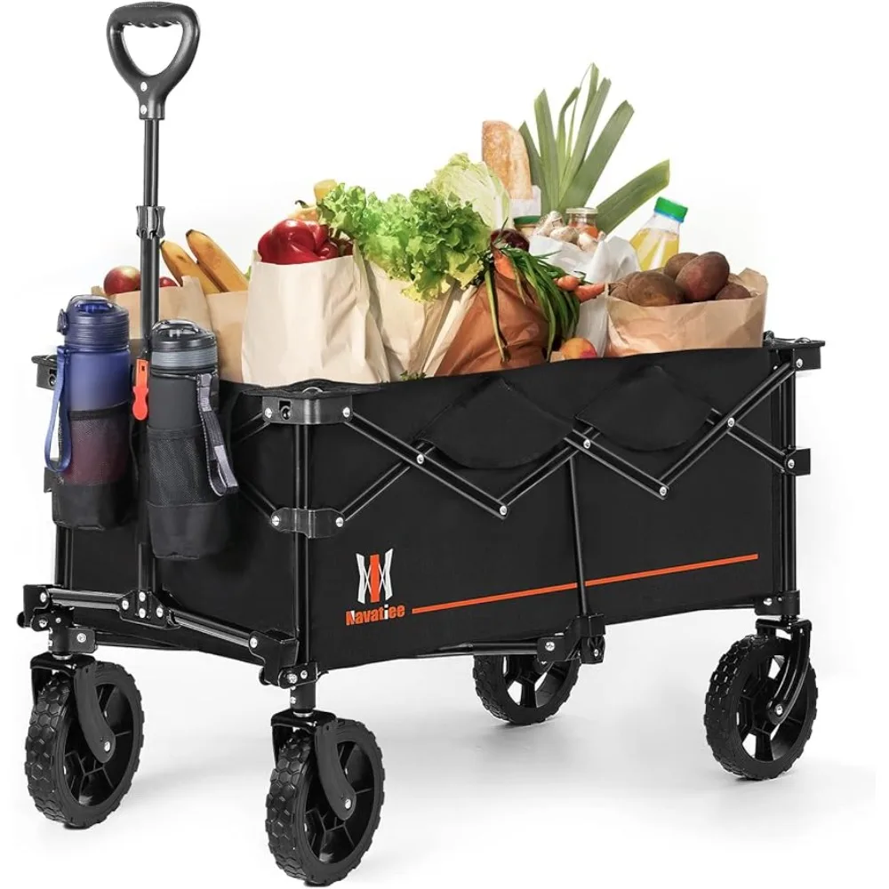 

Navatiee Collapsible Folding Wagon, Wagon Cart Heavy Duty Foldable with Two Drink Holders, Utility Grocery Wagon