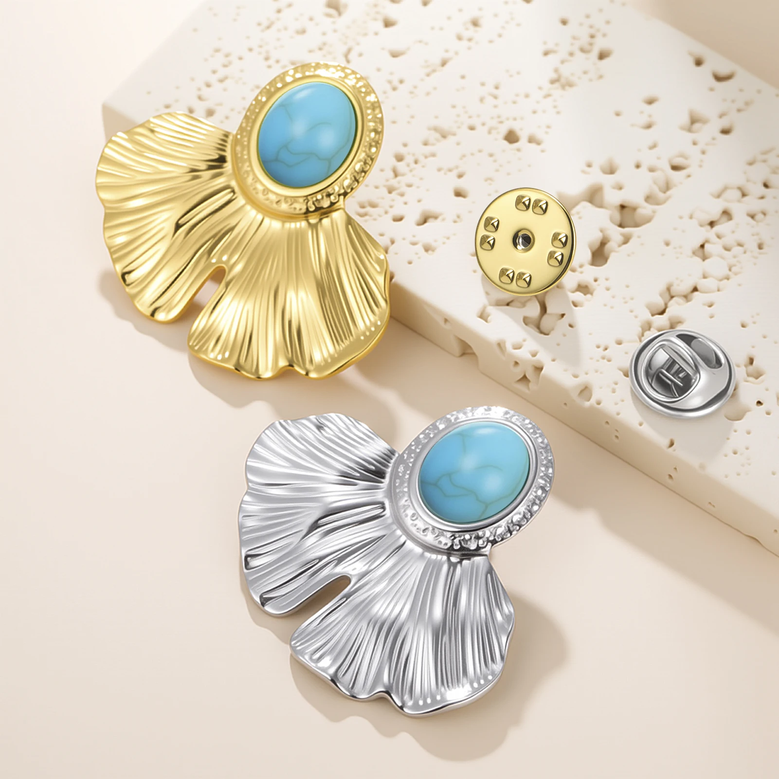 

Sipuris Ginkgo Leaf Pin Brooch For Women Men Stainless Steel Elliptical Turquoise Irregular Brooch Jewelry Gifts Wholesale