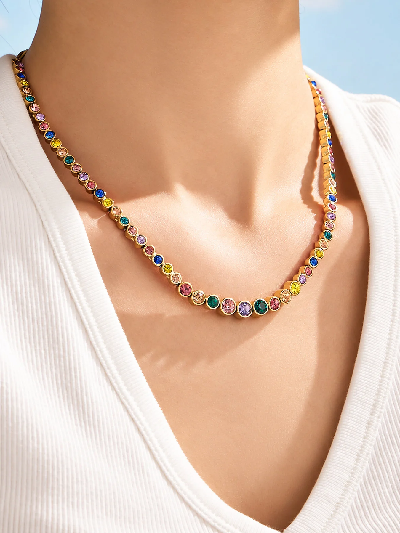 Boho Farbiger Zirkon Tennis-Schmuckset für Damen 18K Vergoldetes Edelstahl Farbverlauf Runde CZ Halskette Armband Ohrringe – Detail 6