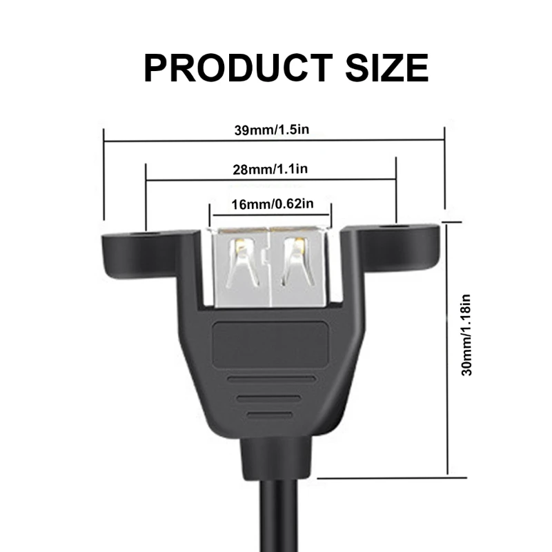 USB 2.0 Fêmea para Fêmea Extensão Fio Parafuso Orelhas Montagem Painel 28AWG