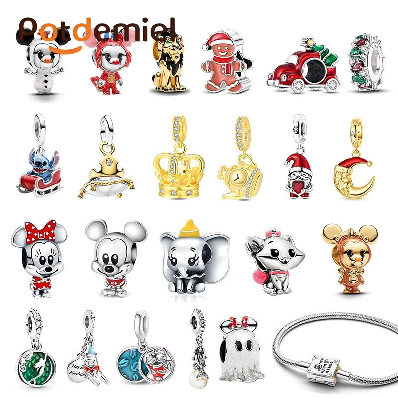 Potdemiel Disney 925 Silver Minnie Mouse And Ariel Christmas Series Pendant Suitable For Diy Bracelet, Girl's Birthday Gift