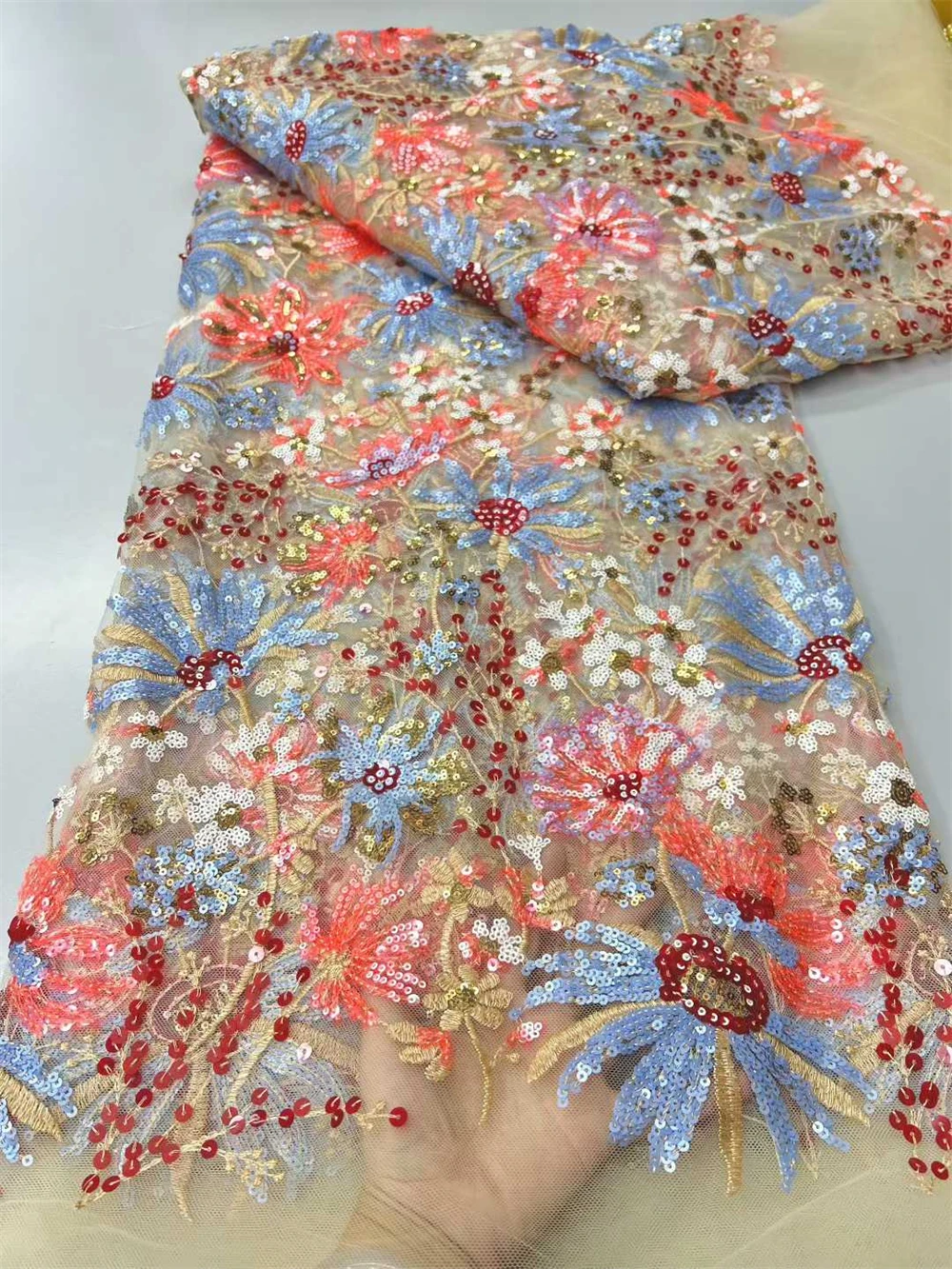 

2026 HIgh Quality French Embroider Lace Fabric With Sequins Flower African Lace Fabric Niegrian Embroidered Tulle Lace For Dress