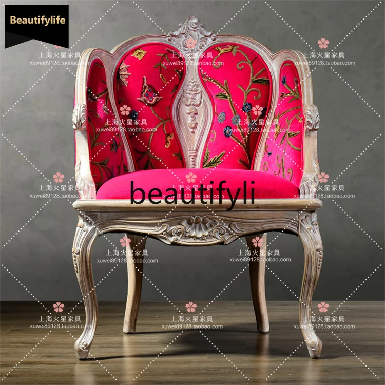 

B67 American retro solid wood carving flower fabric single sofa living room bedroom leisure chair