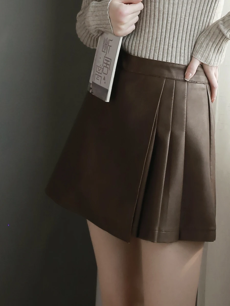 

Warmo Юбка из искусственной кожи с высокой талией, женская осенне-зимняя новая асимметричная широкая юбка, брюки, плиссированная юбка