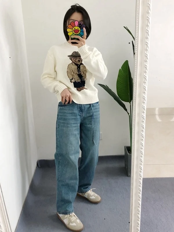 Women's round Ne Knitted Pure Cotton Sweater Bear Tassel Handmade op Overhead irt Warm Autumn Winter Faion Commute