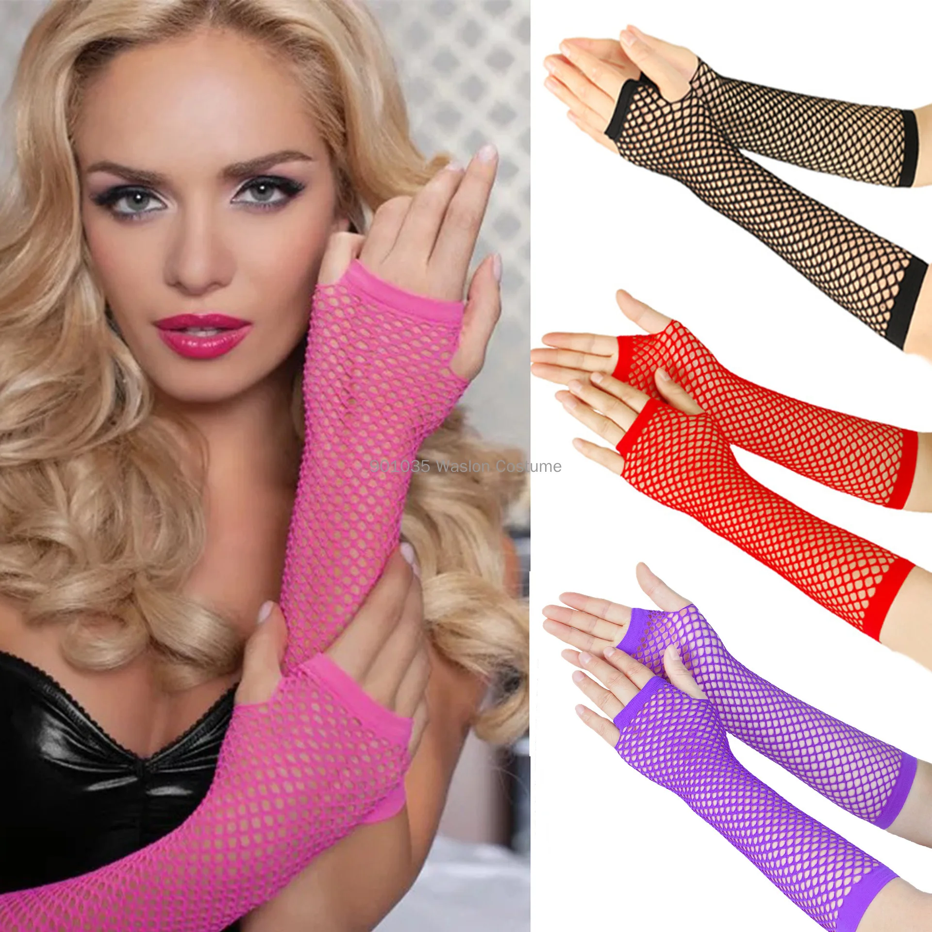 Guantes largos sin dedos de rejilla de neón para mujer, puños de brazo de pierna, ropa de fiesta, vestido Sexy para niñas, guantes de malla de baile gótico Punk, calentador, 1 par