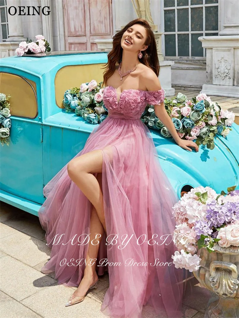 BOEING Prinses A-lijn Prom Jurk Roze 3D Rose Bloem Off Schouder Side Hoge Split Verjaardagsfeestje Jurk vestidos Aangepaste
