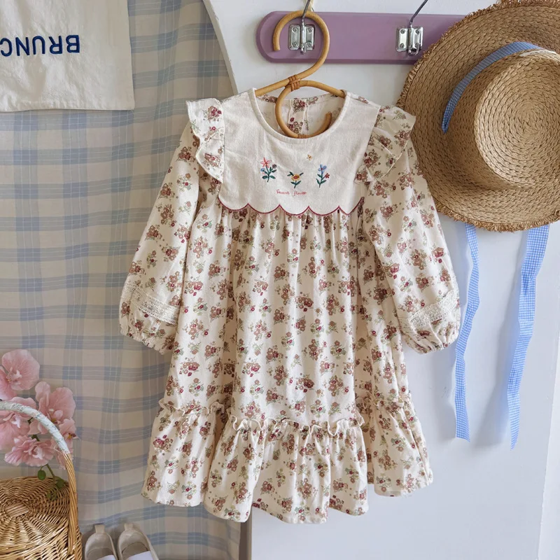 French Floral Lotus Leaf Sleeves Sweet Beauty Children's Dress Autumn Floral Embroidery Princess Dress Long Sleeved for Girls