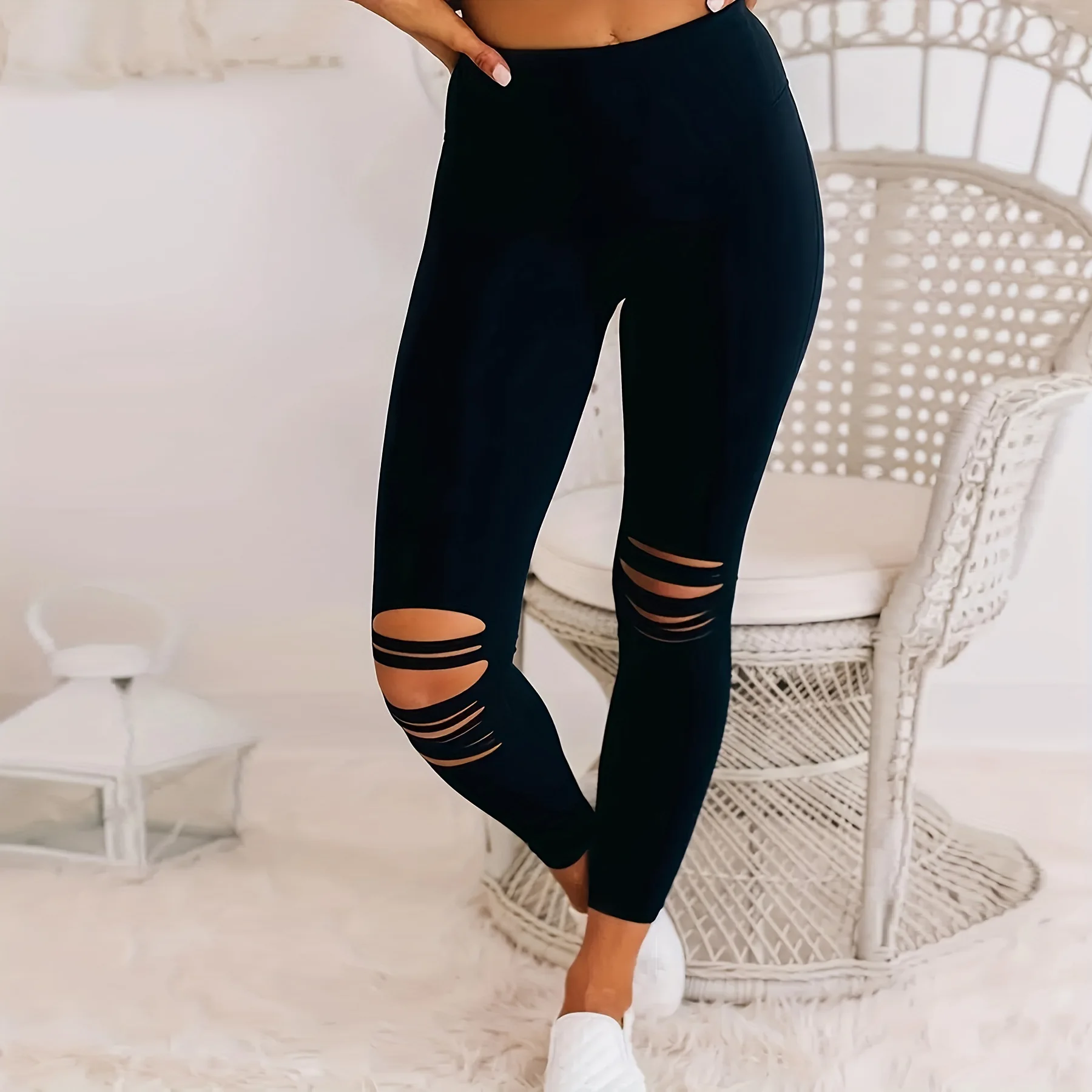High-Waist High-Elasticity Yoga Pants Women's Sexy Tight-Fit Hole Punching Base Layer Pants Breathable Sporty Nine-Piece Pants