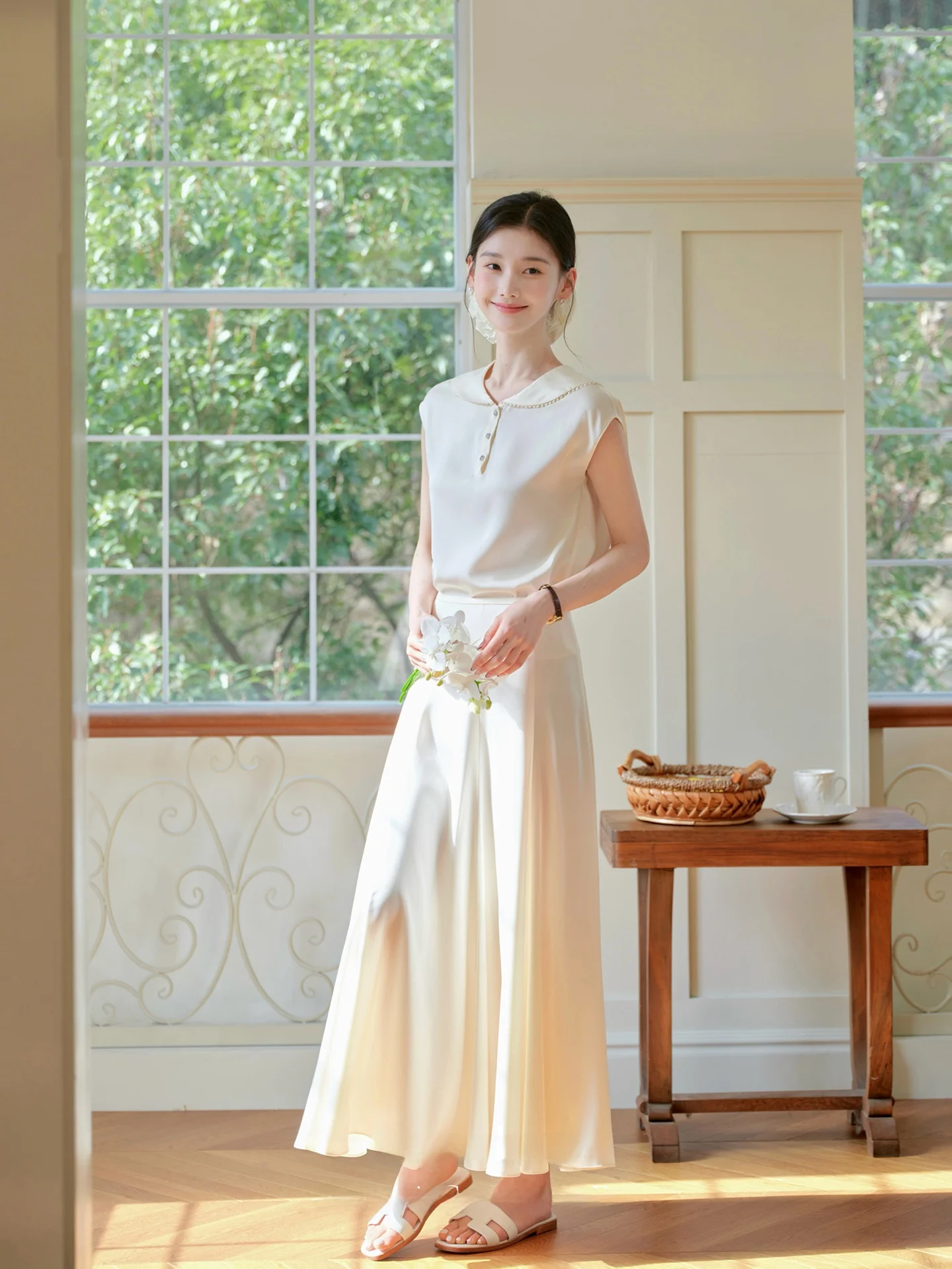

Roro Sheep Summer Island Satin Acetate Doll Collar Top Skirt Set Women's Pleated Half Skirt Ensemble Fashionable Spring Outfit