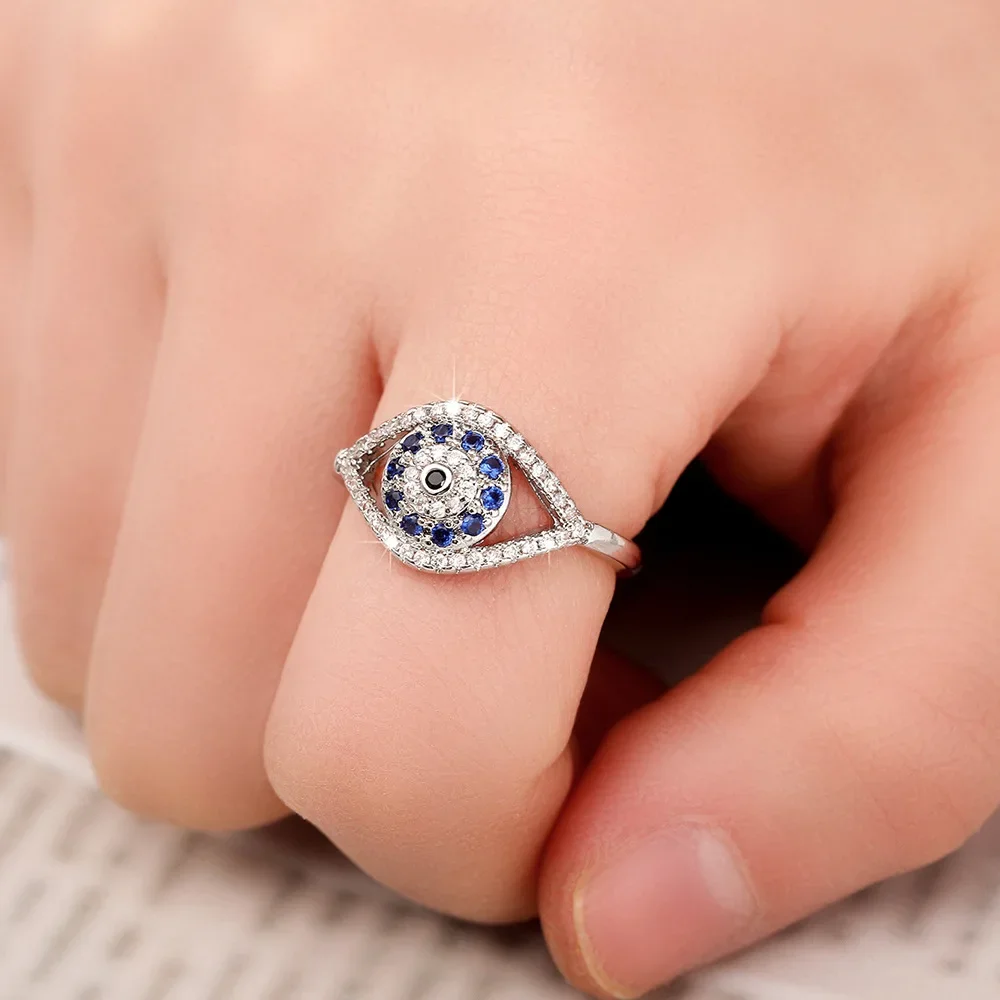 YILUOCD Elegant Dark Blue Zirconia Rings Cubic Zirconia Turkish Evil Eye Signet Ring for Women Jewelry Protection Lucky Gift