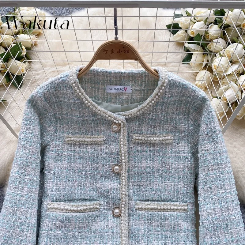 WAKUTA French Sweet Round Neck Long-sleeve Beaded Tweed Jacket Fashion High-waisted Thin Half-body Skirt Small Perfume Style Set