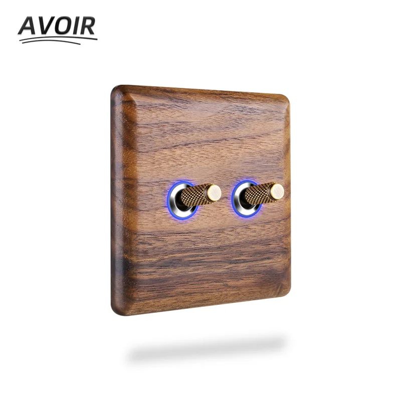 

Avoir Black Walnut Wood Wall Light Switch 1-4 Gang 2 Way Electrical Socket With Usb Brass Lever Toggle Switch With LED Indicator