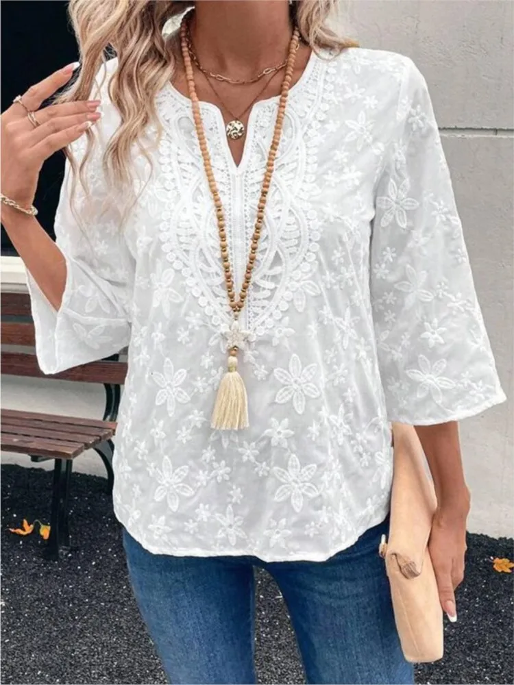 

Fashion White Shirt Top Lady Casual Lace V Neck Three Quarter Pullover Shirts Tops For Women Holiday Office Womens Clothing New