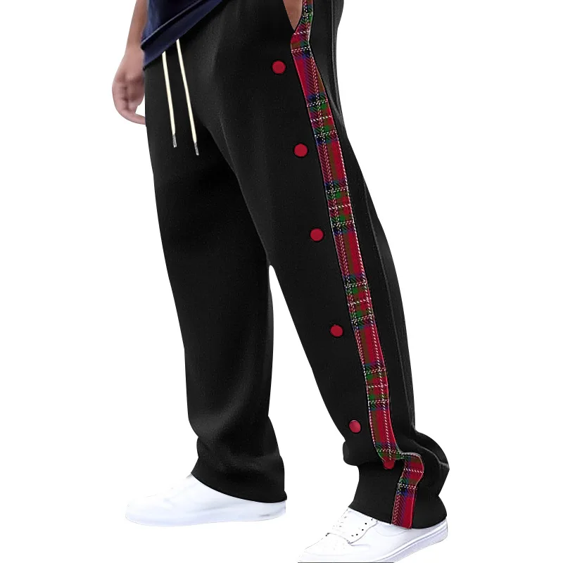 American New Men's Sports Pants Spring and Autumn Breasted Plaid Stitching Design Casual Pants Loose Straight Men's Sweatpants