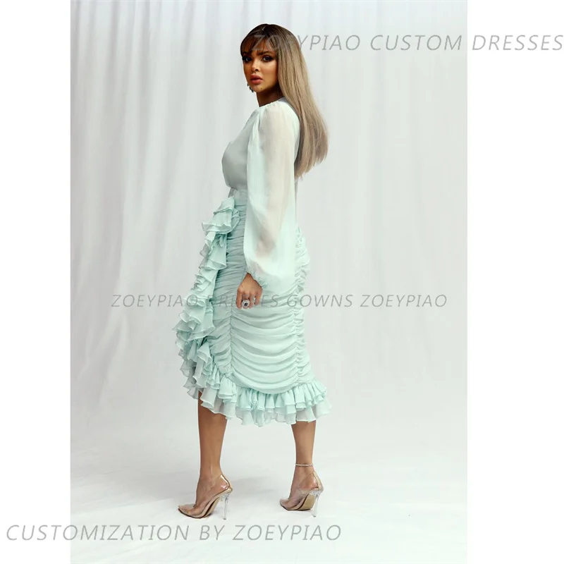 Luz verde Chiffon Botão Prom Dress, Vestidos curtos com babados, mangas completas, alta qualidade