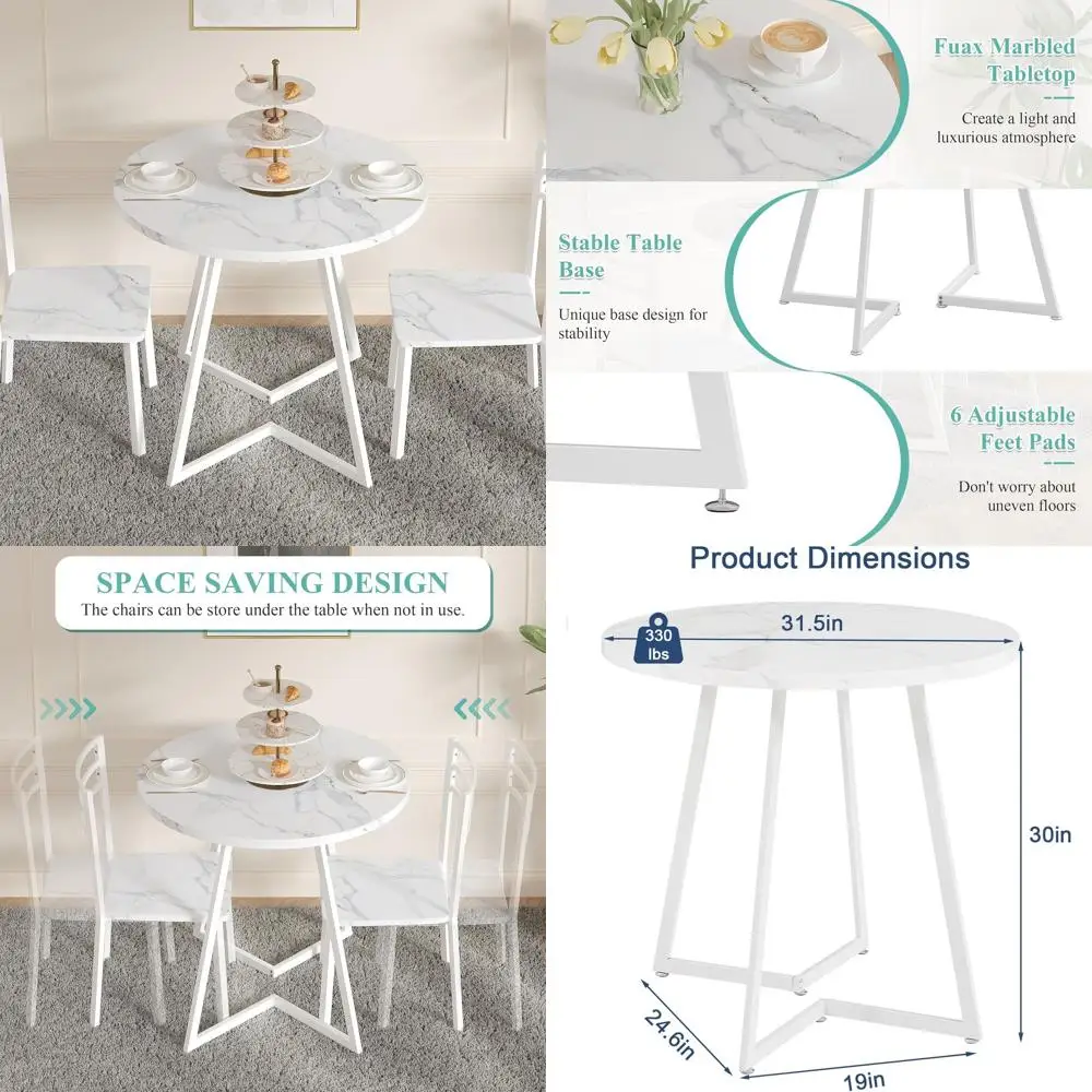 

Wooden Top Steel Frame Dining Table, Suitable for Kitchen, Living, Office, 2-4 Seater, Faux Marble & White