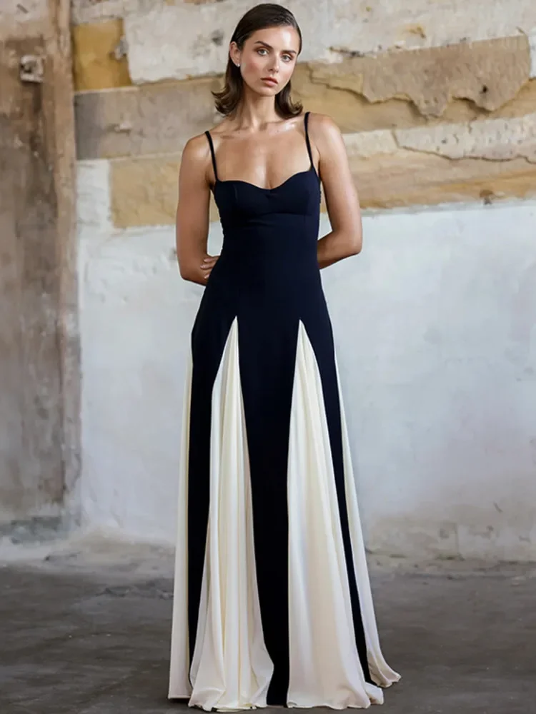 

NEW Elegant Patchwork Spaghetti Strap Long Dresses For Women Fashion Sleeveless Backless Sexy Evening Maxi Dress Fashion