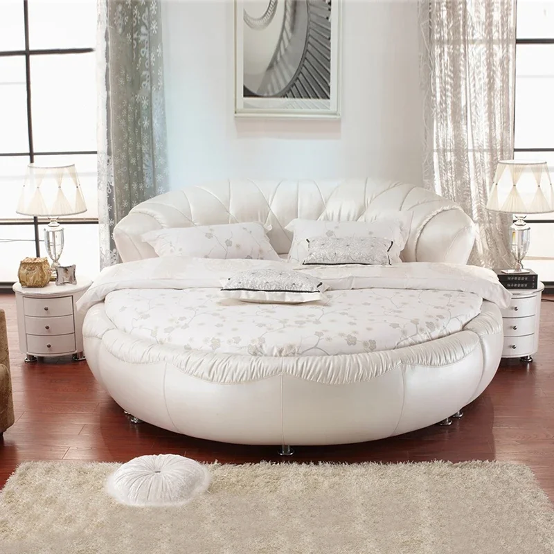 European style leather round bed luxury master bedroom soft bed princess bed wedding bed modern fashion high-end double bed