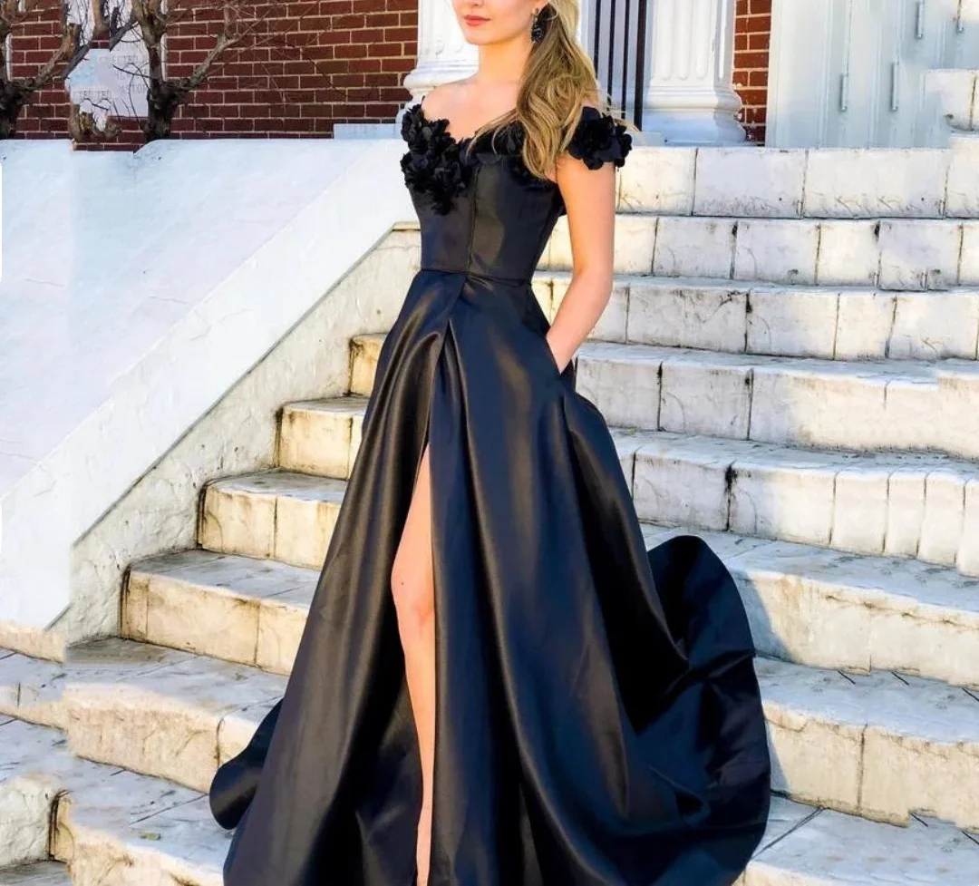 

Elegant Black Silk Long Satin Sleeveless Dress A-Line Sweetheart Neck High Waist Split Evening Gown Customised