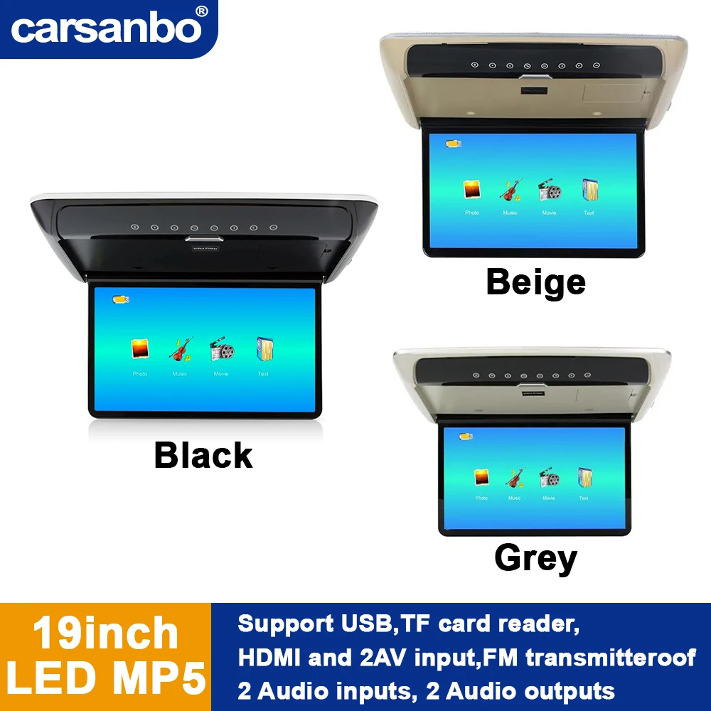 Carsanbo Car Roof Display 19 Inch MP5 Player Monitor 16 Color Ambient Light Support USB HDMI FmTransmitter