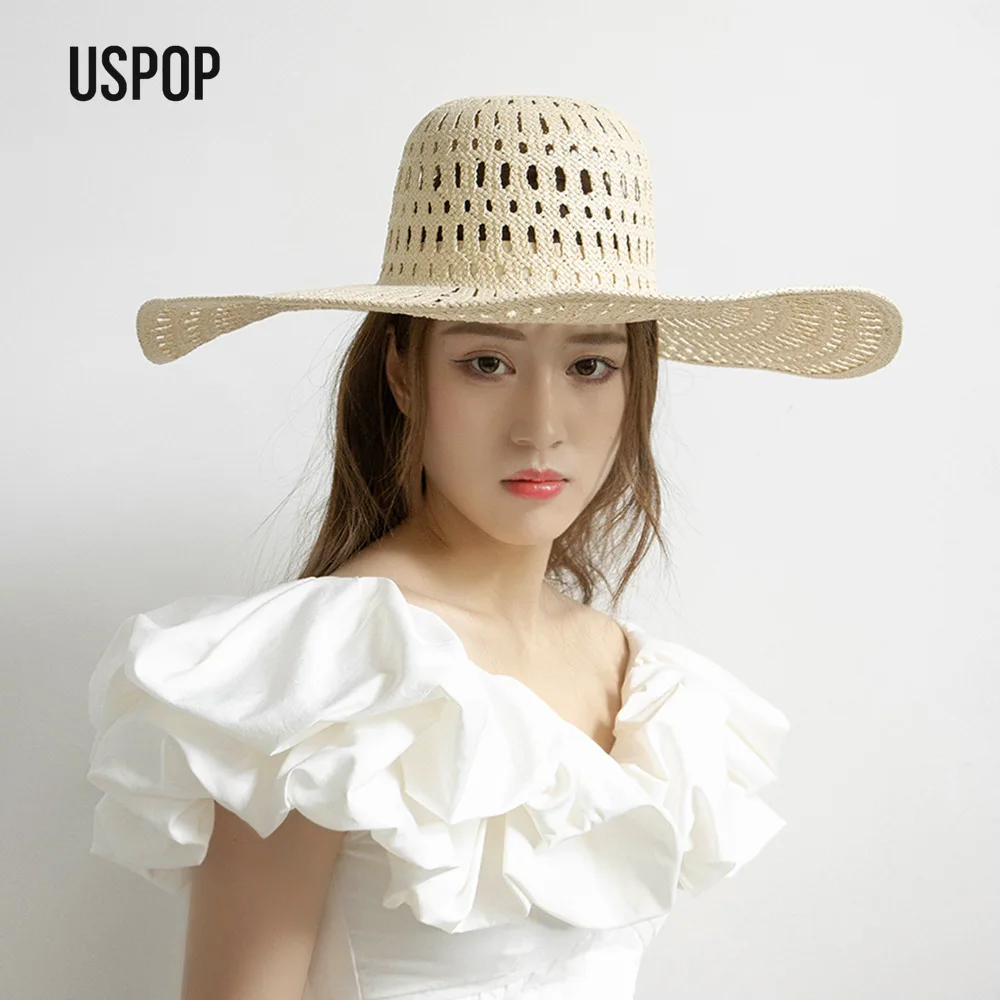 USPOP Women Paper Straw Wide Brim Sun Hat Hollow Handwoven Summer Beach Hat Outdoor Vacation Style