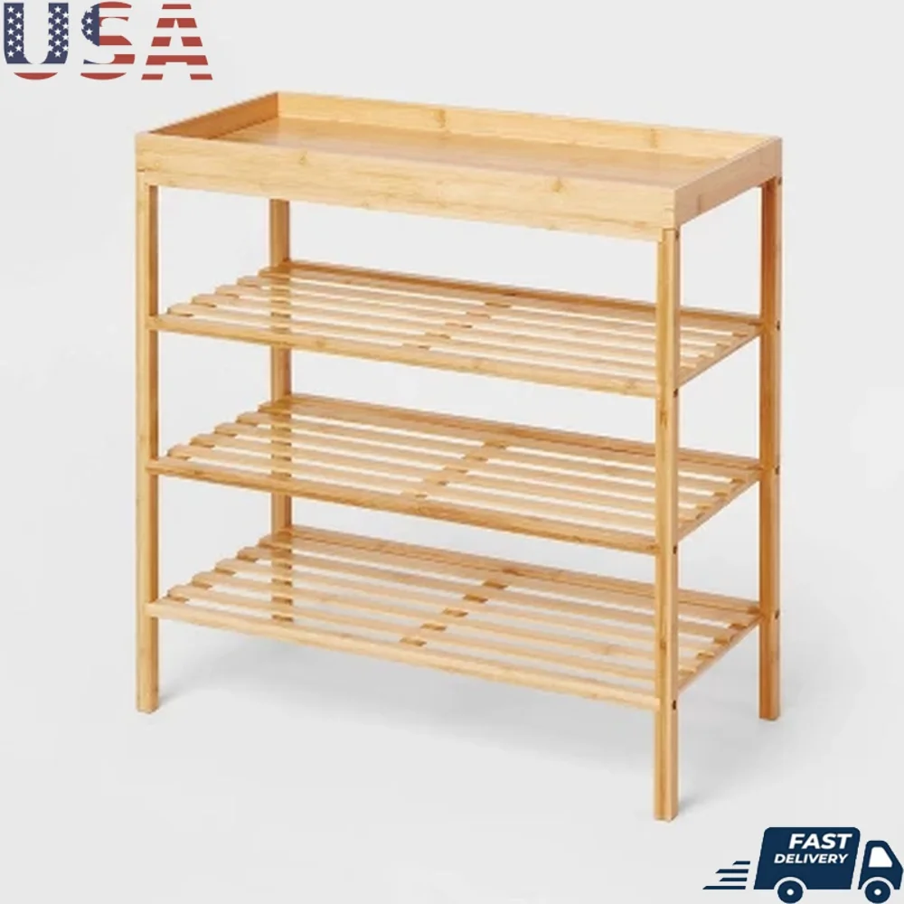 

4 Tier Bamboo Shoe Rack Freestanding Organizer Holds 12 Pairs Natural Wooden Finish Ideal Closet Entryway Storage