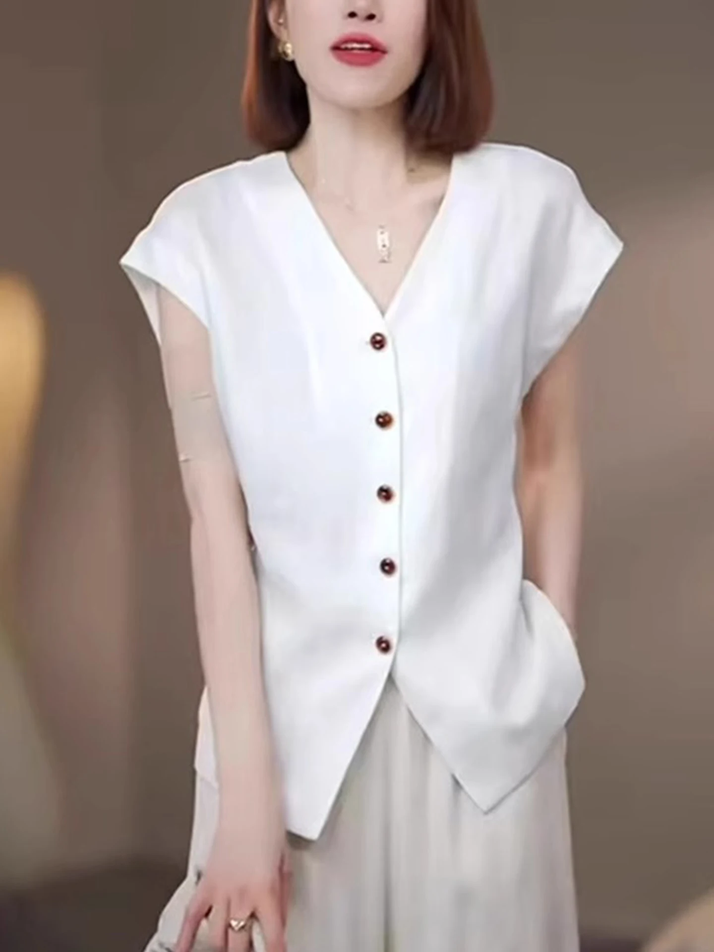 E Csa Casual de Seda para Mujer, Moda de Manga Corta con un Solo Botón, Top de Satén Único y Estiloso para el Veran...