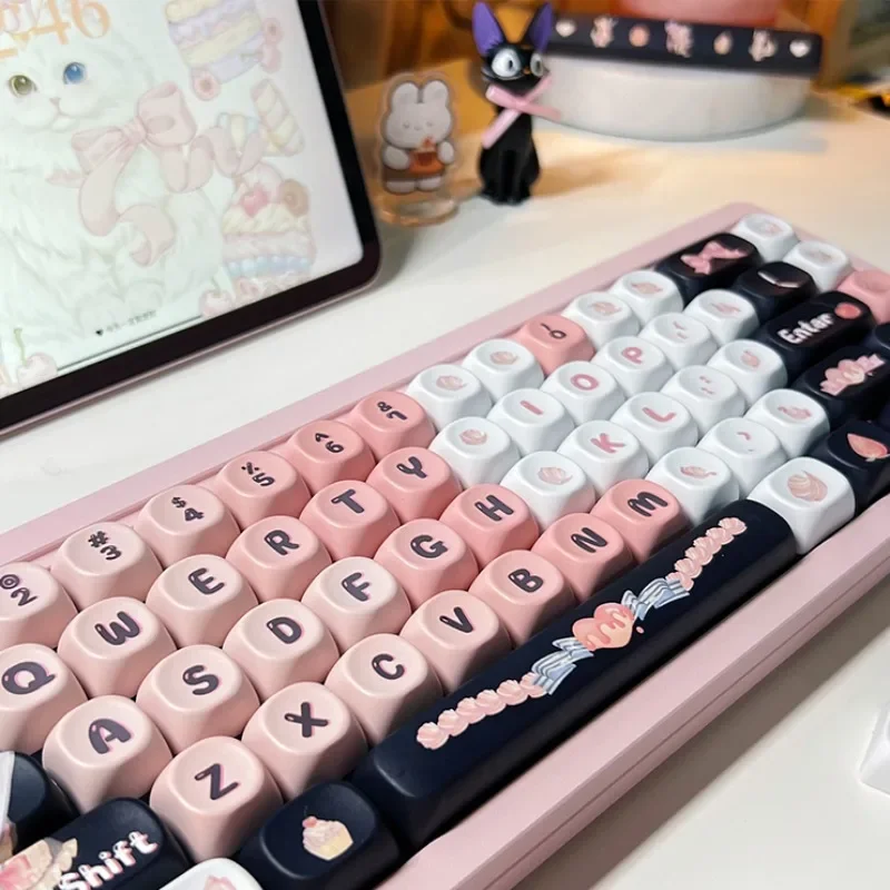 Pink Cat Theme Keycaps Set PBT Sublimation Cute Black Pink Keyboard Caps Custom MOA Cherry Profile Key Caps Mechanical Keyboard