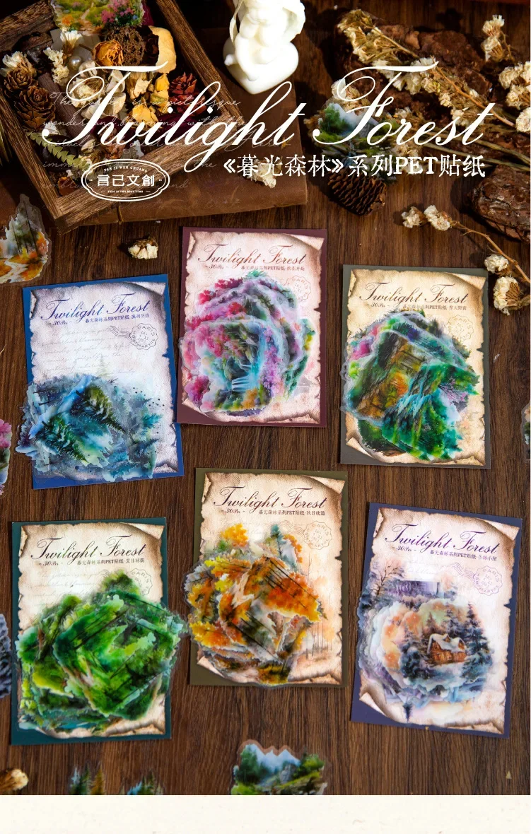 30pcs/bag Transparent Stickers Bag Twilight Forest Series Art Landscape Scrapbook Junk Journal Diary Decorative Collages