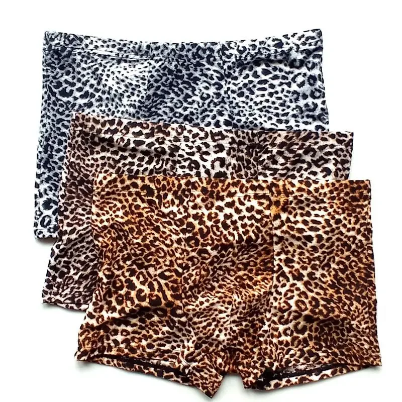 Leopard Boxershorts Mens Low Waist Flat  Boxer Hombre Convex Pouch Underwear Boys Tight Panties Elastic Swim Shorts Sleep Bottom