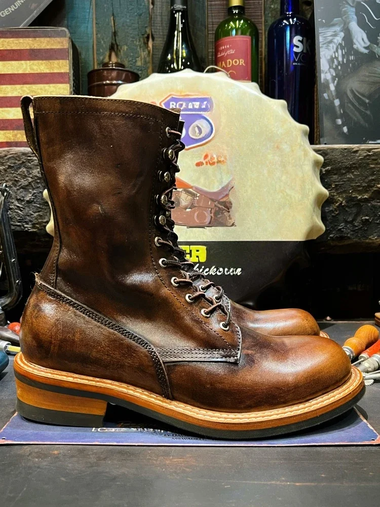 

American Retro Brown Big Head Work Leather Riding Boots High Top Long Barrel Motorcycle Leather Men's Shoes