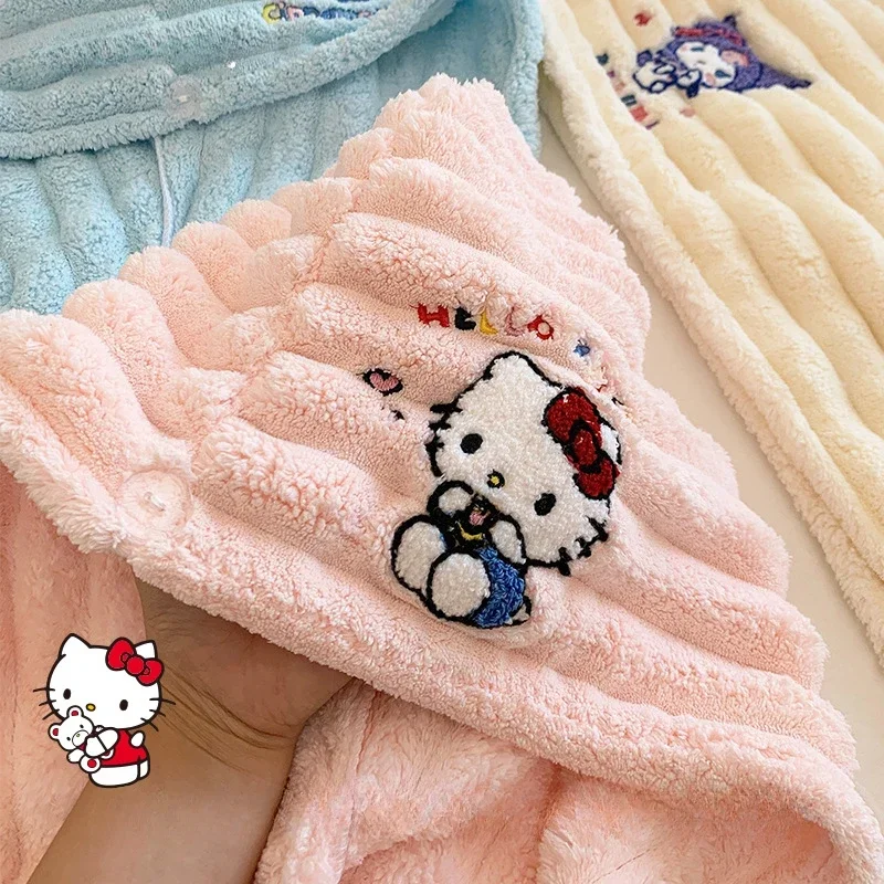 Sanrio Hello Kitty Dry Hair Cap Anime Character Embroidery Accessories Kawaii Quick Dry Water Absorbent Coral Fleece Shower Cap