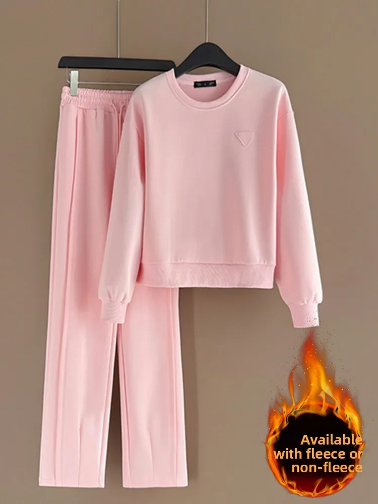 

Sweet Pink Fleece Lined Casual Sportswear Set Women's High Waist Wide Leg Pants And Hoodie Two Piece Set Winter Comfortable