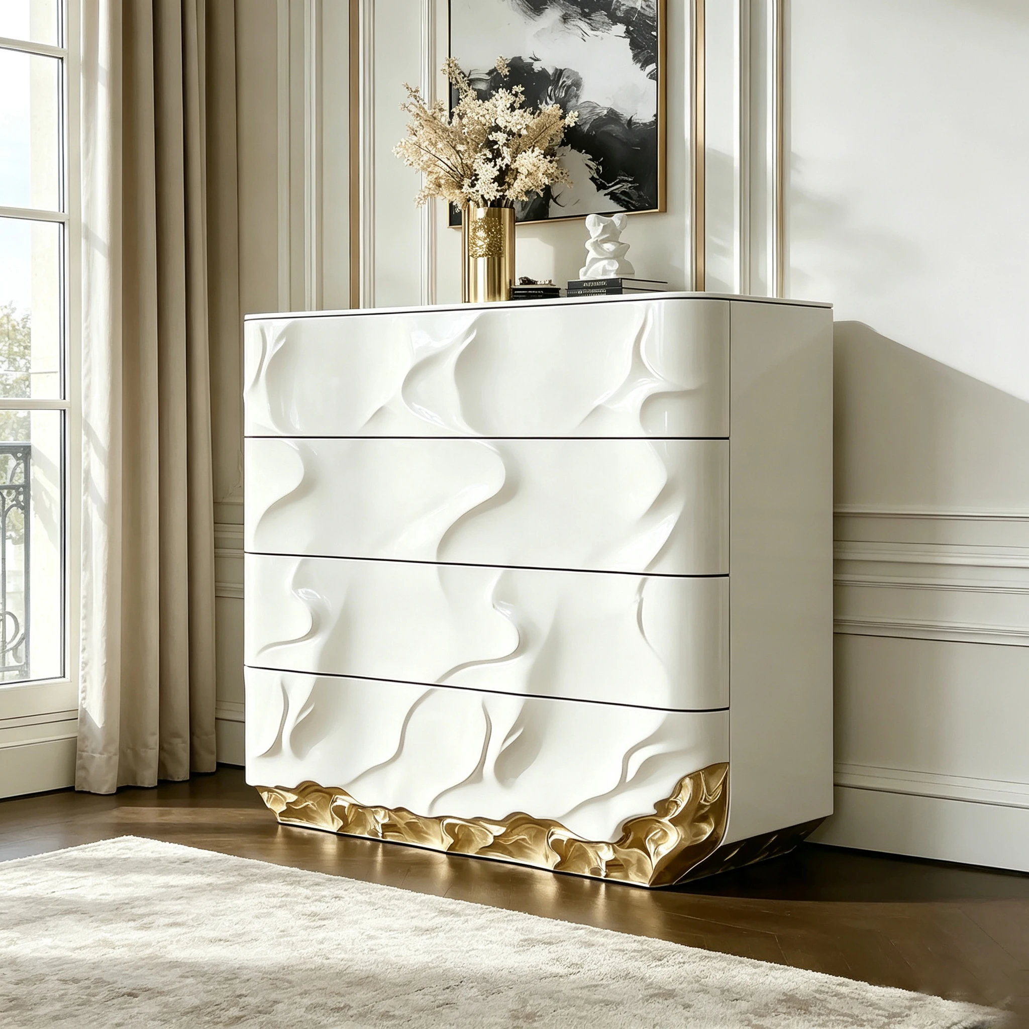 N*-4-Drawer Gloss White Fiberglass Chest Of Drawers Wavy Relief Front Sculpted Gold Base