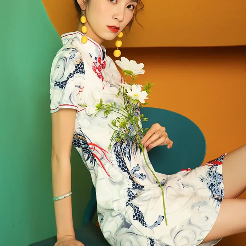 Chinese dragon dress cheongsam sexy Oriental dress summer Japanese streetwear women qipao Vietnam clothes ao dai dress ff2789